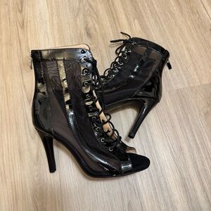 Women's Black Patent Lace-Up Peep-toe Heels Dance Booties